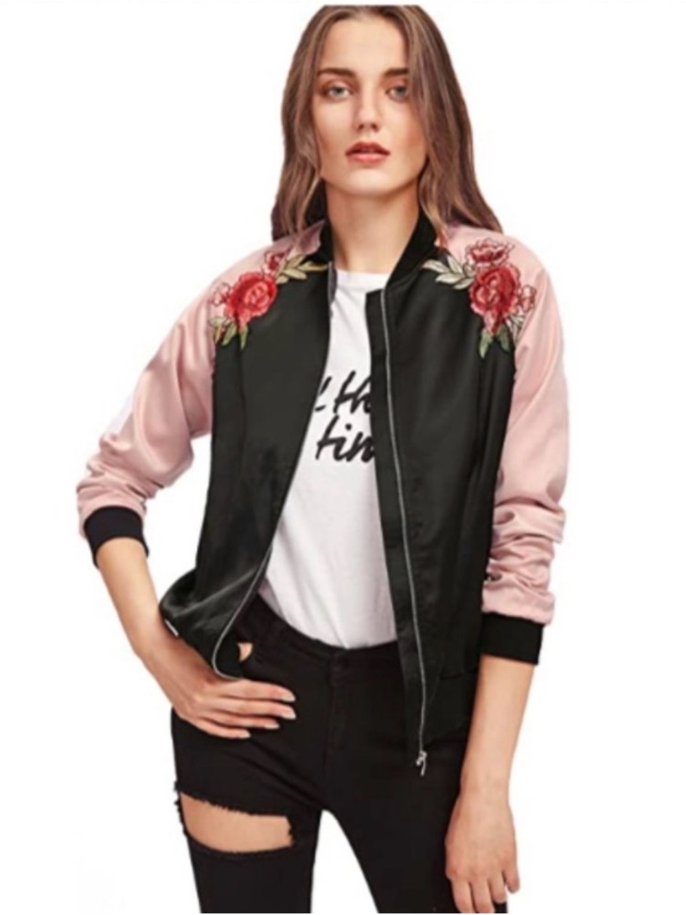 Black & Pink Floral Embroidered Bomber Jacket